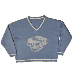 Heaven Can Wait Blue Skull Knit Sweater Size Medium